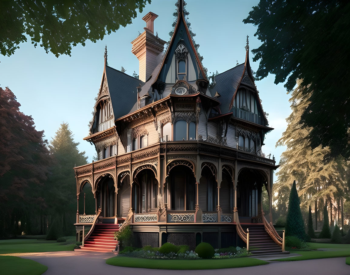 Elegant Victorian Mansion with Detailed Woodwork and Lush Gardens