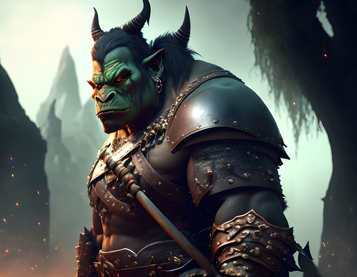 Green-skinned orc warrior in dark armor with spear on misty background