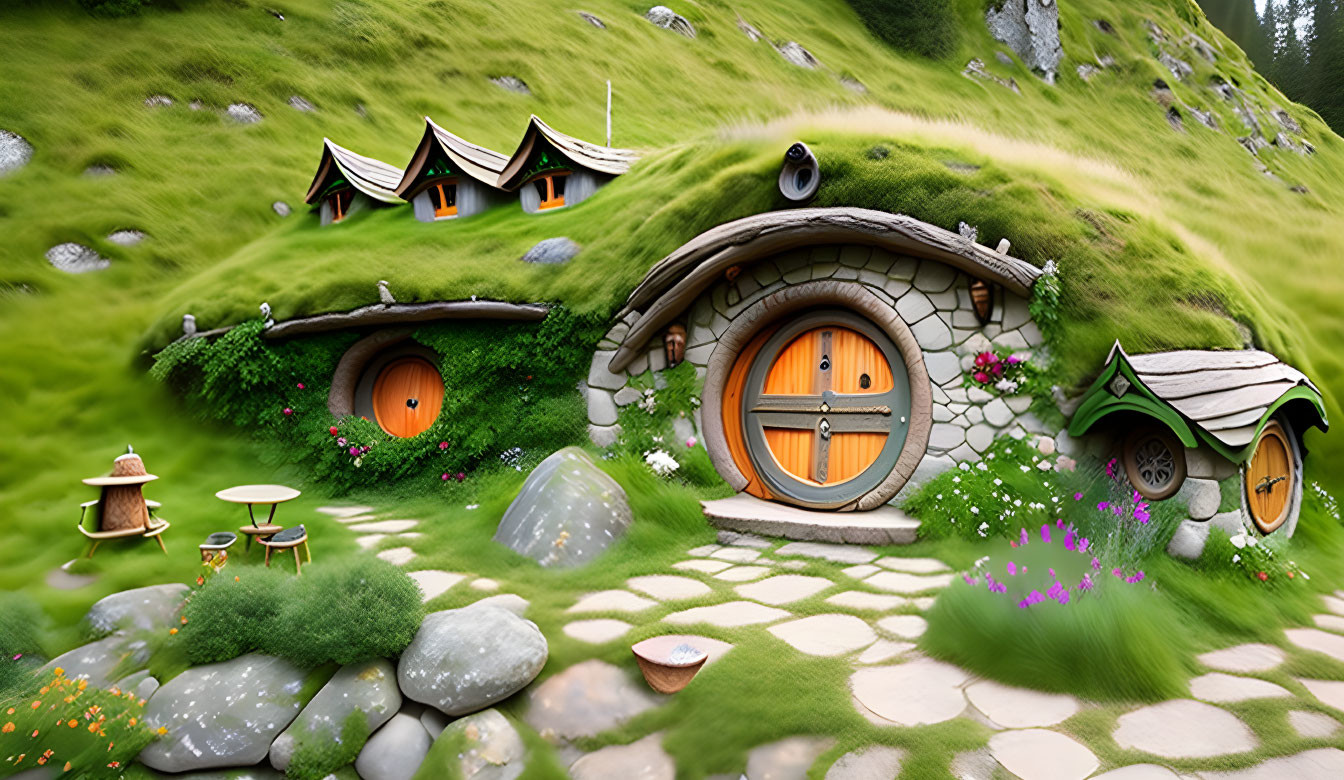 Charming hobbit-style homes on whimsical hillside