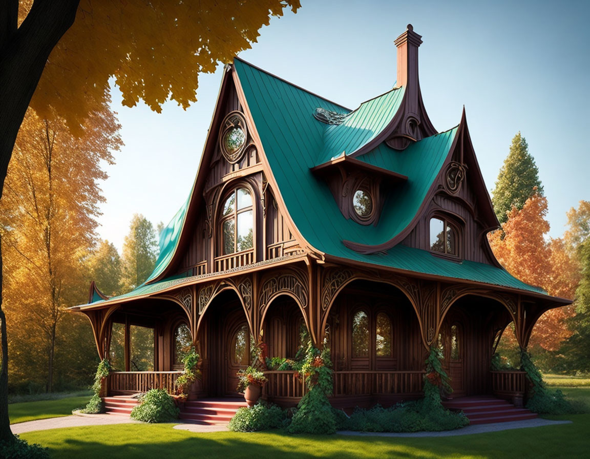 Victorian-style house with teal roof in autumn forest clearing