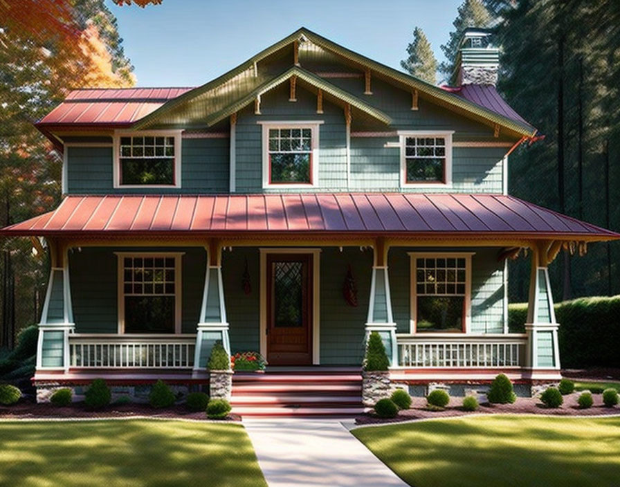 Two-story house with red roof, front porch, white railings, and trees.