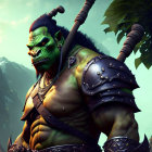 Green-skinned orc warrior in dark armor with spear on misty background