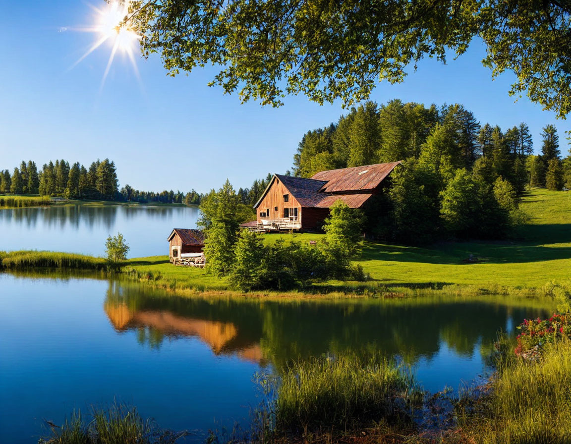 Rustic barn by serene lakeside with lush trees