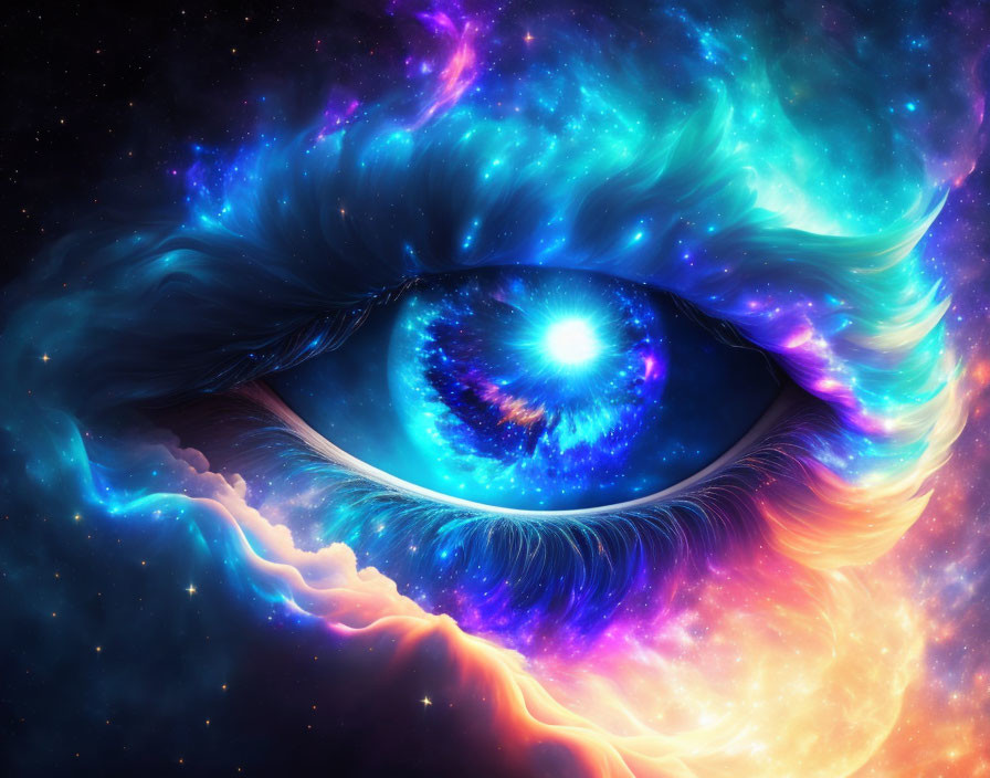 Human eye with cosmic galaxy pattern in iris, surrounded by swirling nebulas