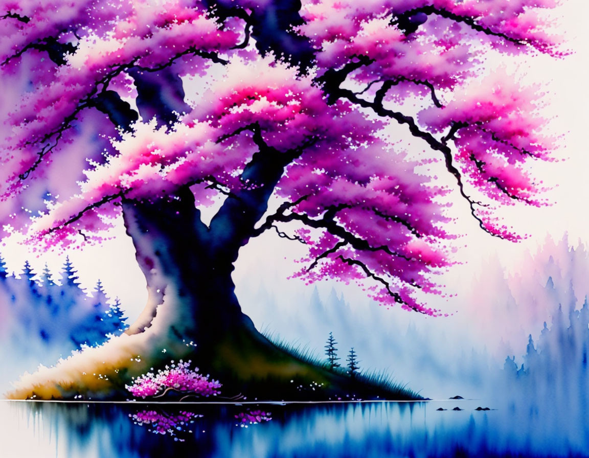 Colorful cherry blossom tree by serene lake with misty forest and pastel sky