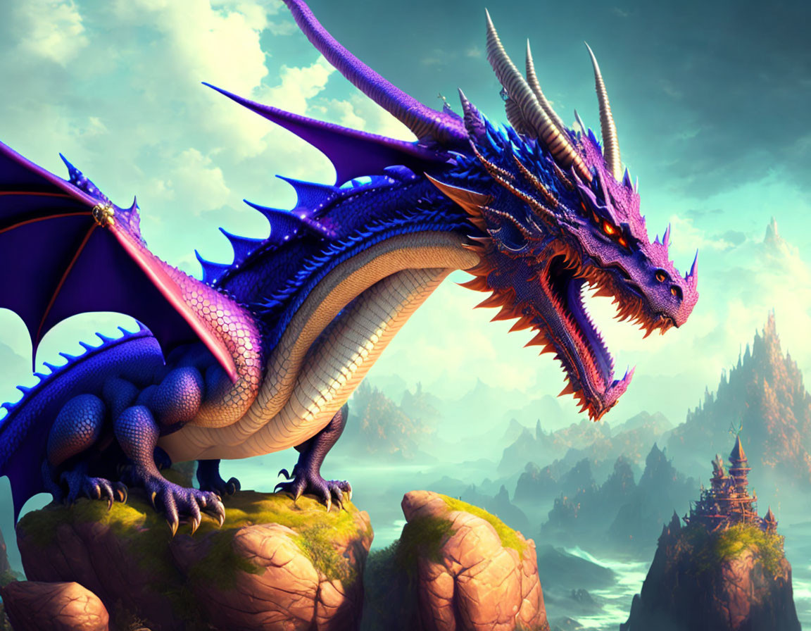 Blue and Purple Dragon on Rocky Cliffs in Fantasy Landscape