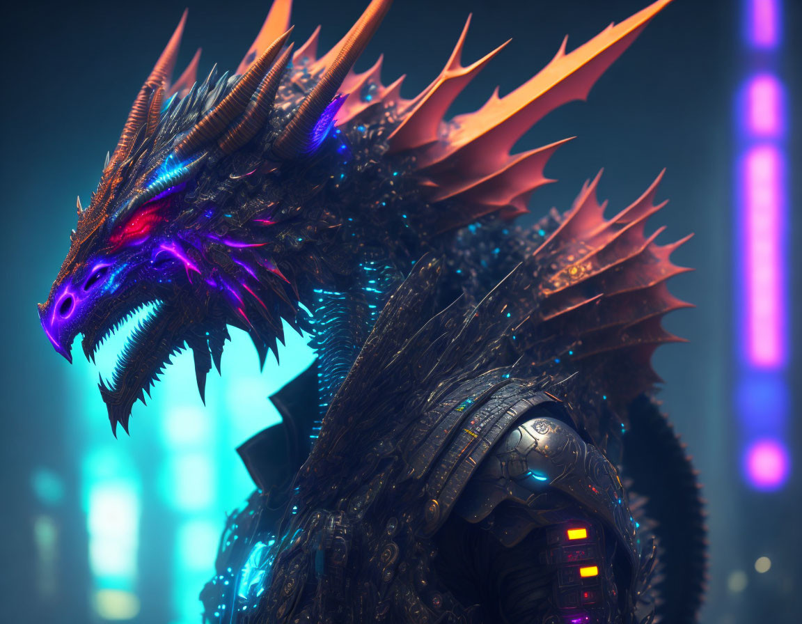 Glowing cybernetic dragon in futuristic cityscape with purple and blue accents