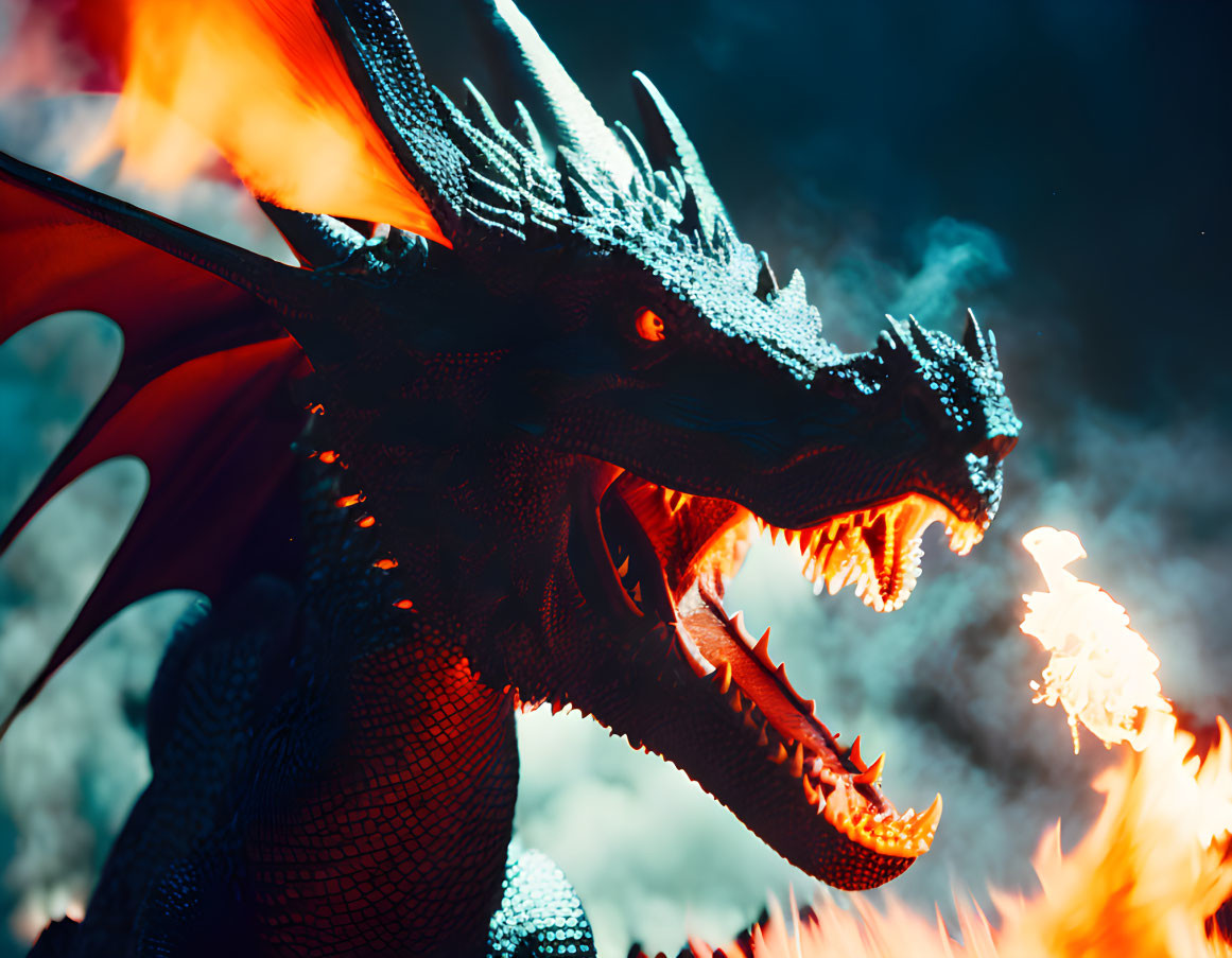 Glowing-eyed dragon breathing fire on dark blue background