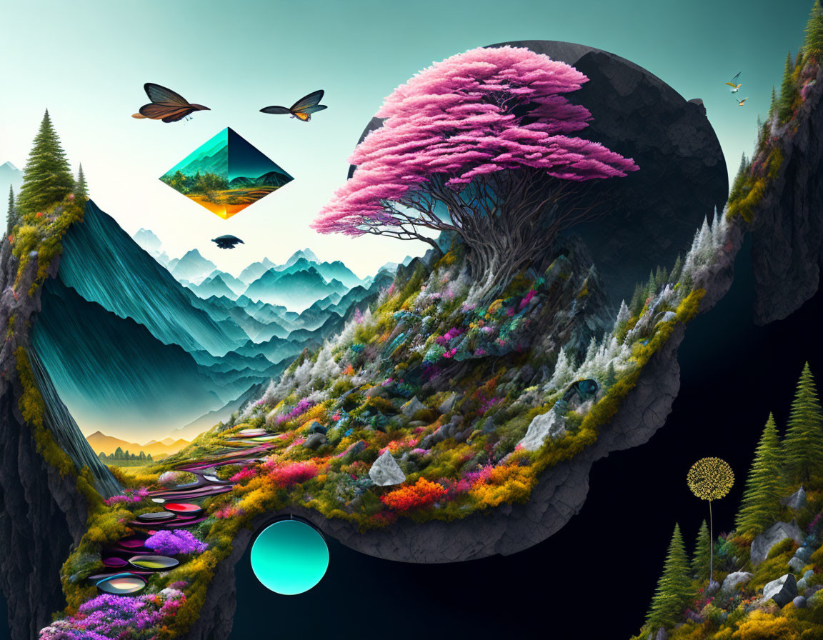 Colorful surreal landscape with floating islands and crystalline structures