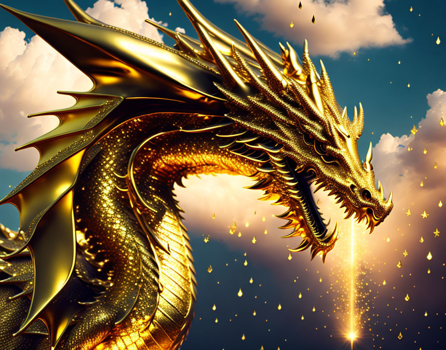 Golden dragon flying in twilight sky with shimmering scales.