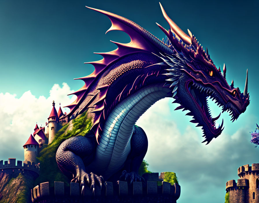 Majestic dragon with purple and blue scales overlooking castle under cloudy sky