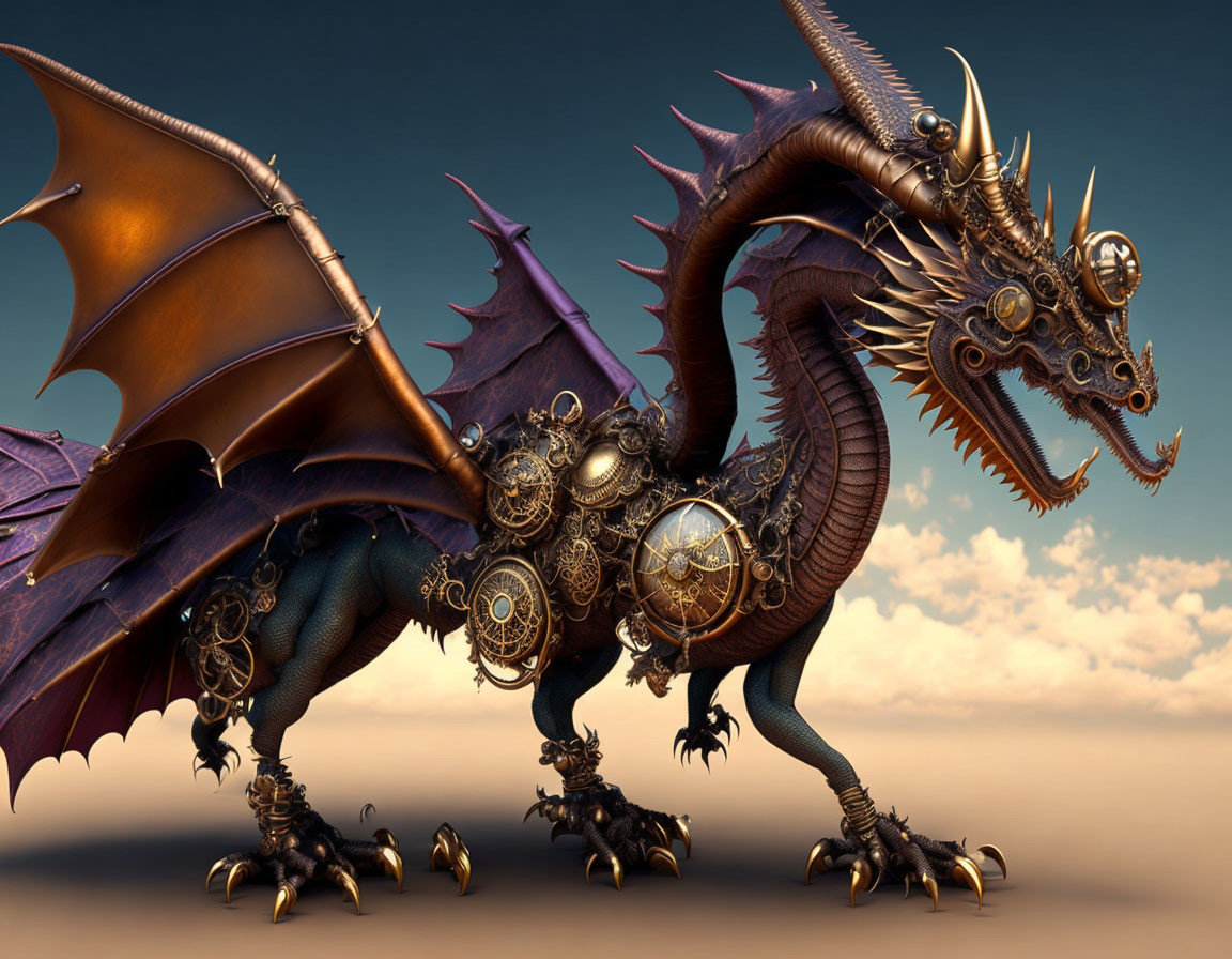 Steampunk-Inspired Dragon with Mechanical Gears and Brass Detailing