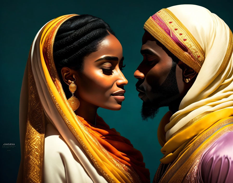 Traditional attire-clad individuals in tender moment with foreheads touching