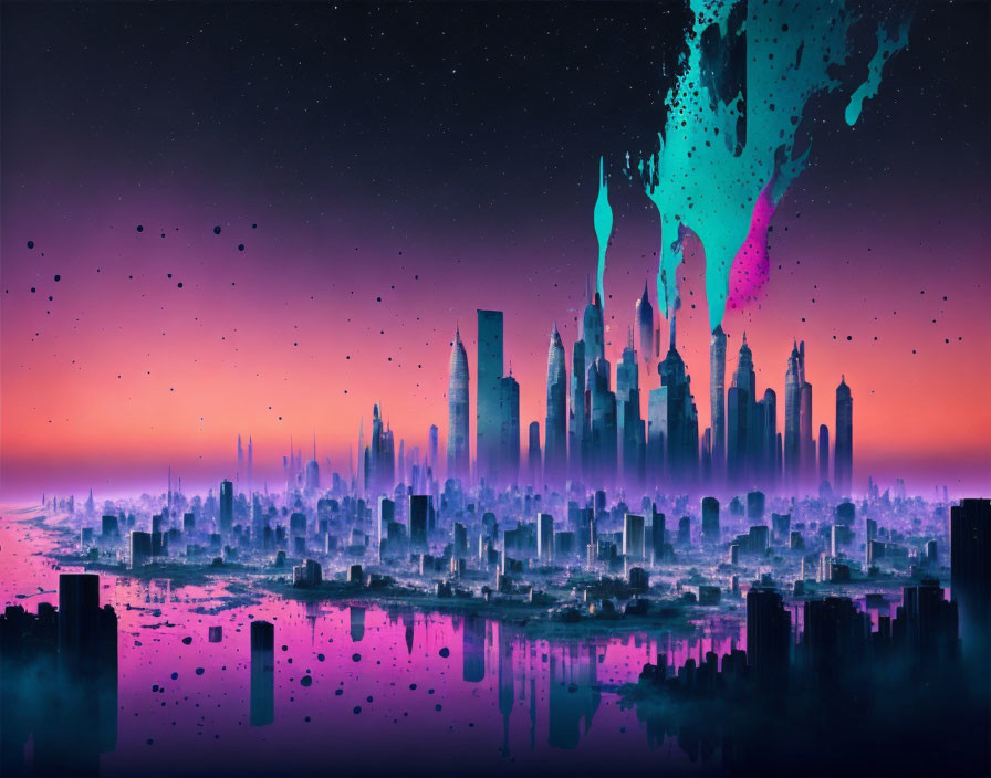 Vibrant pink and blue dusk cityscape with colorful aurora-like splashes