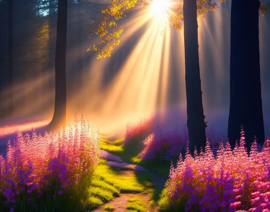 Sunbeams illuminate pink flowers and green grass in serene forest.