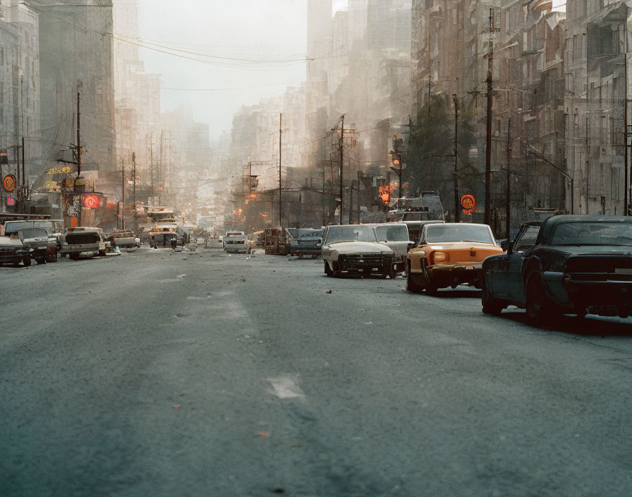 Urban street scene at dusk with vintage feel: cars, faded traffic lights, hazy backdrop