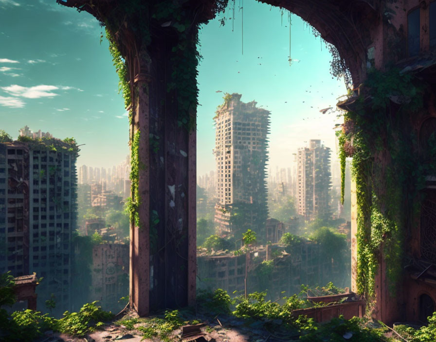 Abandoned cityscape reclaimed by dense foliage