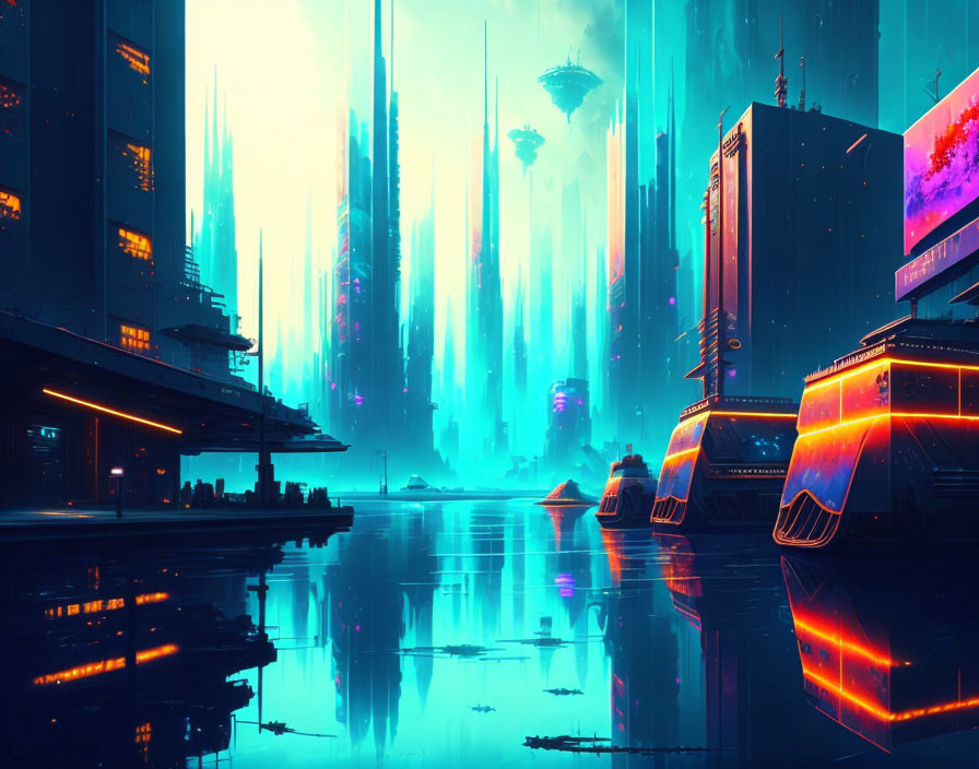 Futuristic neon-lit cityscape with skyscrapers and floating vehicles