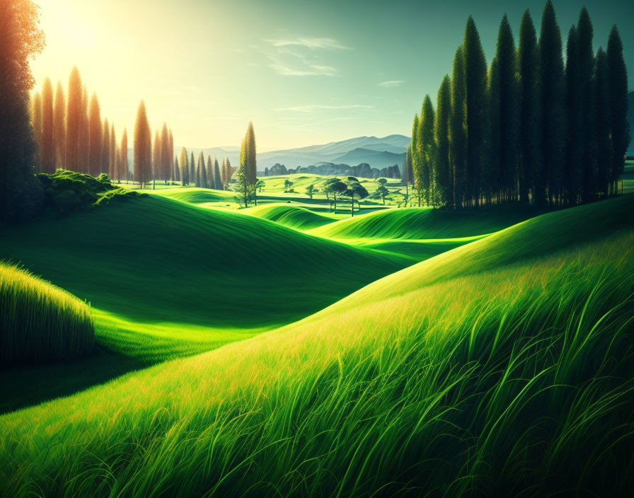 Tranquil landscape: green hills, cypress trees, sunlit valley