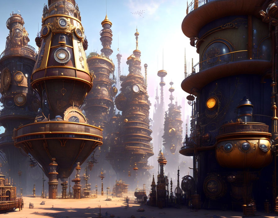 Steampunk cityscape with towering brass structures under a warm sky