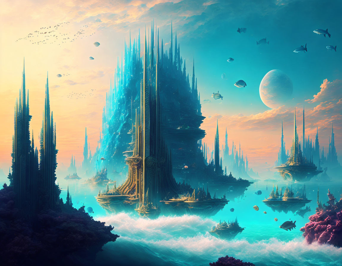 Underwater city with coral reefs, fish, and planets in the sky