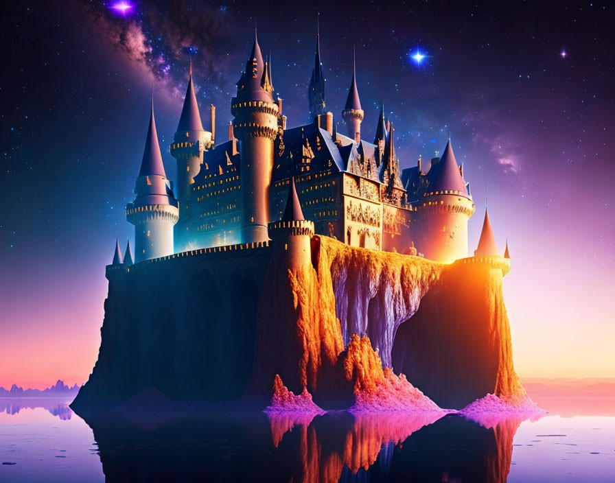 Castle with multiple spires on cliff under starry twilight sky reflected in water