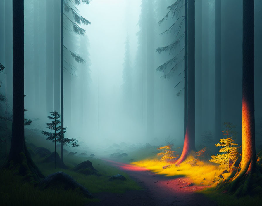 Misty Forest with Towering Trees and Glowing Plants