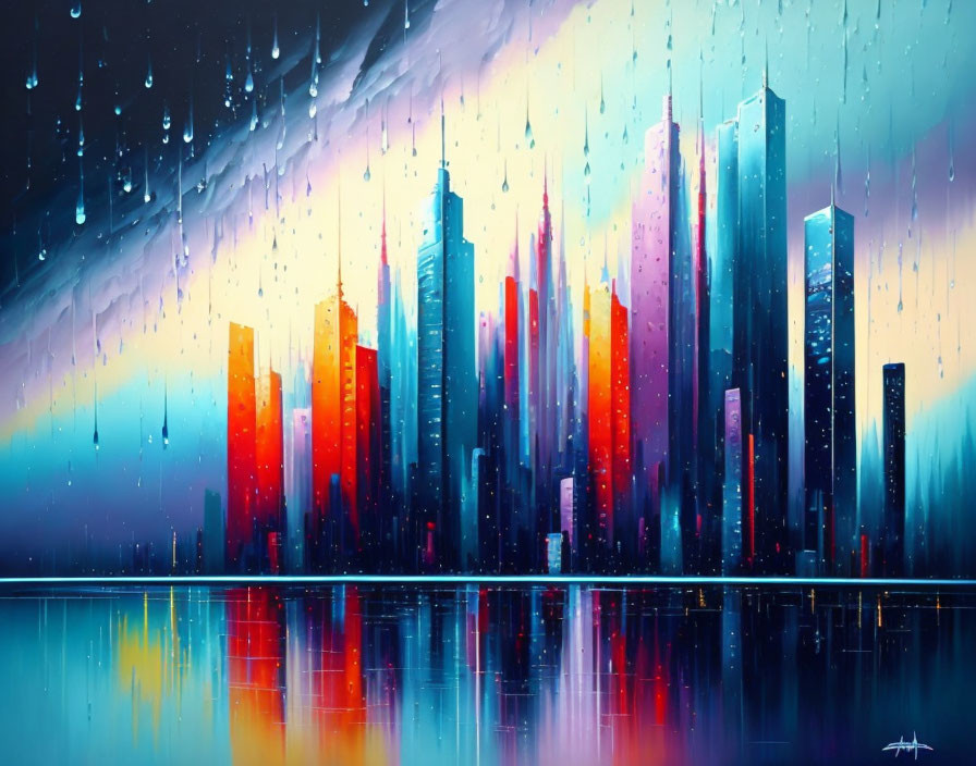 Colorful cityscape painting with skyscrapers, water reflection, rainy sky to sunset.