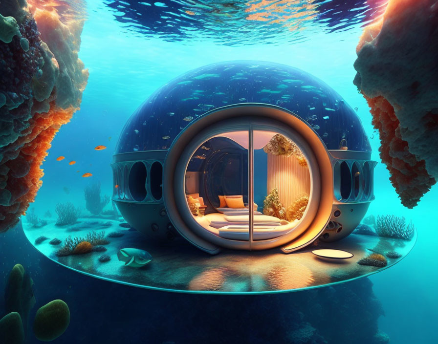 Spherical underwater habitat with large windows and cozy interior surrounded by marine life
