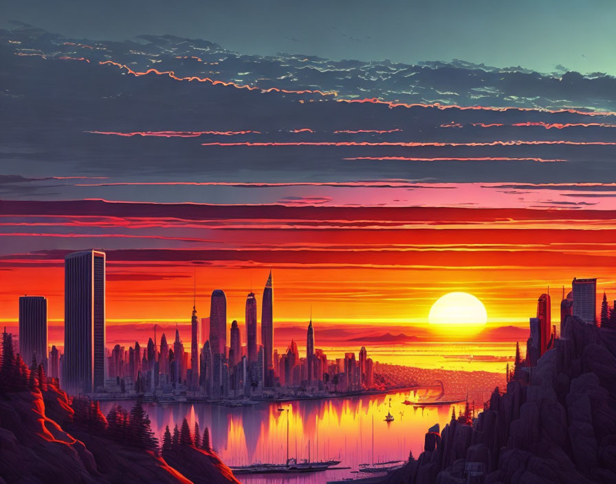 Futuristic cityscape sunset digital artwork.