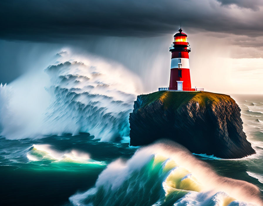 Red and White Lighthouse on Cliff Amid Stormy Seas