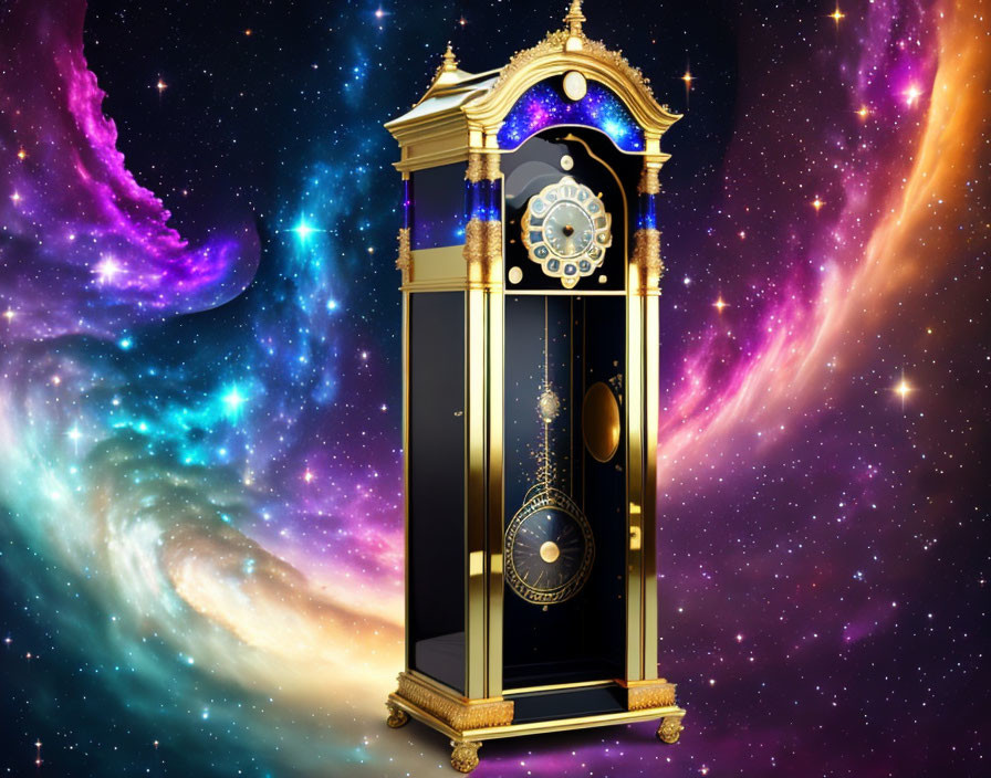 Ornate grandfather clock against cosmic background