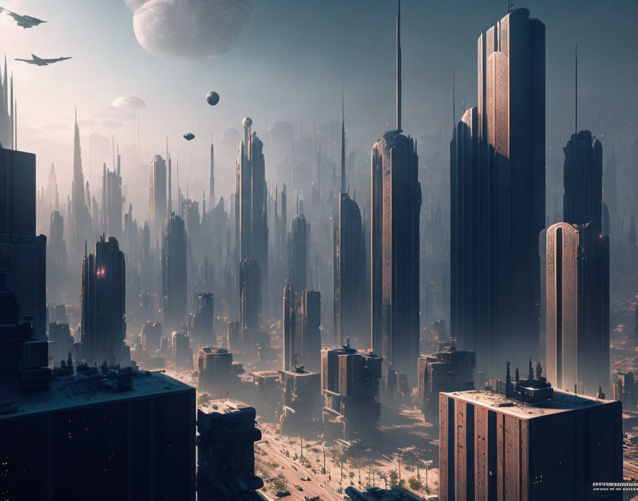 Futuristic cityscape with skyscrapers, flying vehicles, and distant planets.