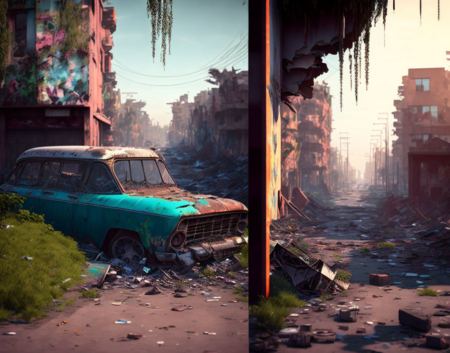 Desolate post-apocalyptic scene with rusted car, ruined buildings, debris, and overgrown foliage