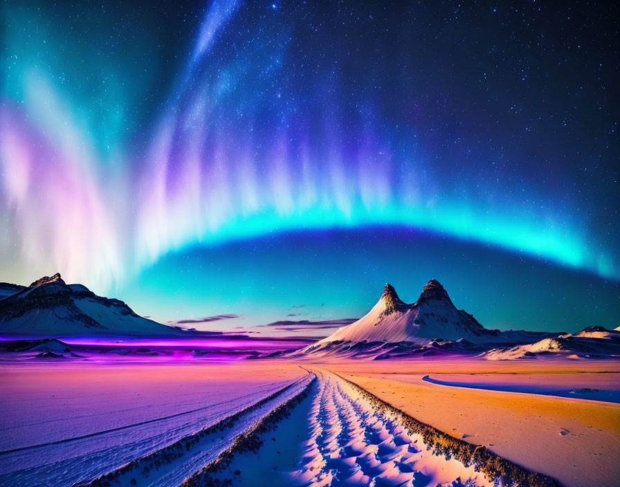 Vivid aurora borealis over snowy landscape with twin peaks