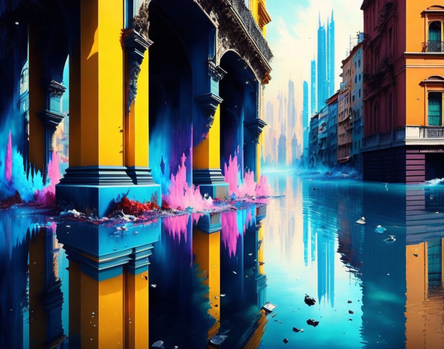 Futuristic cityscape with blue flames, yellow pillars, arches, and skyscrapers