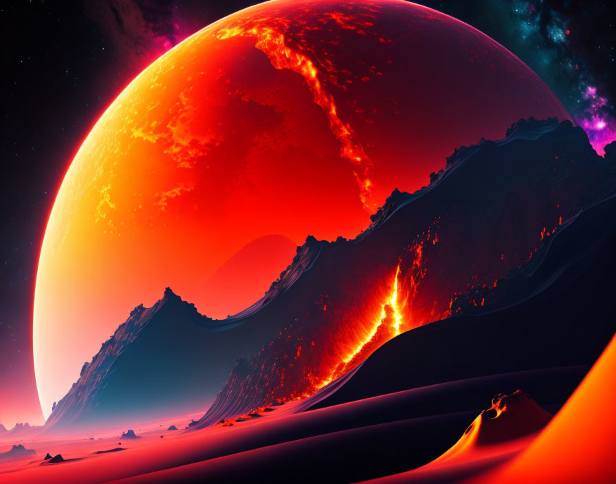 Vivid Sci-Fi Landscape with Colossal Red Planet and Fiery Terrain