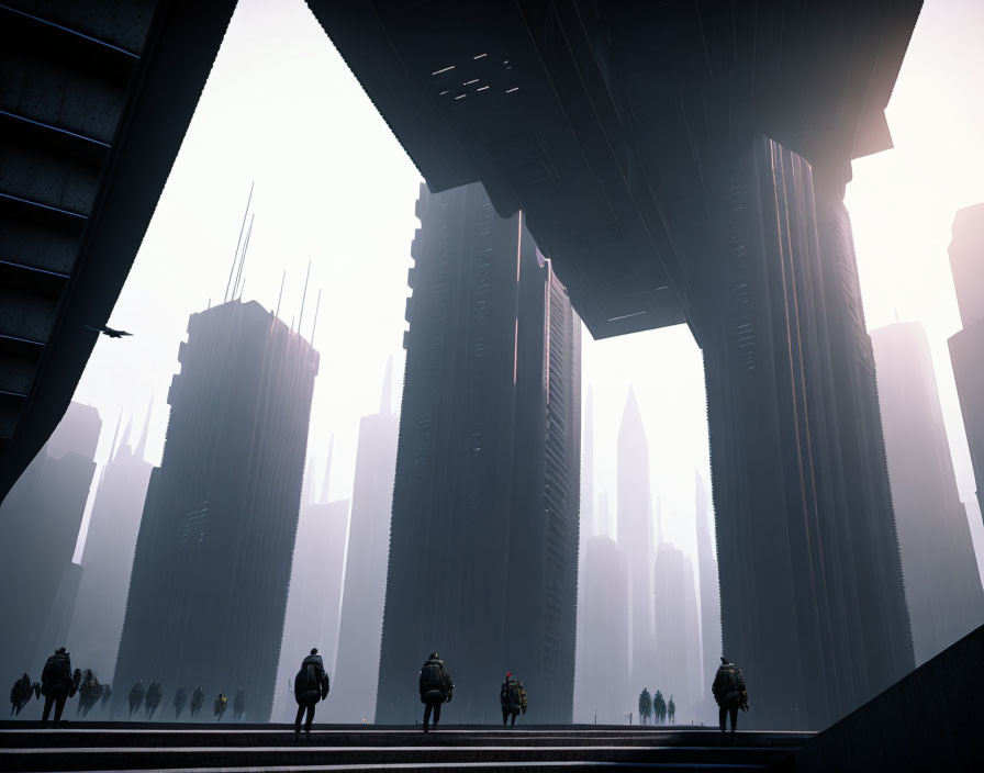 Futuristic cityscape with figures walking under large structure