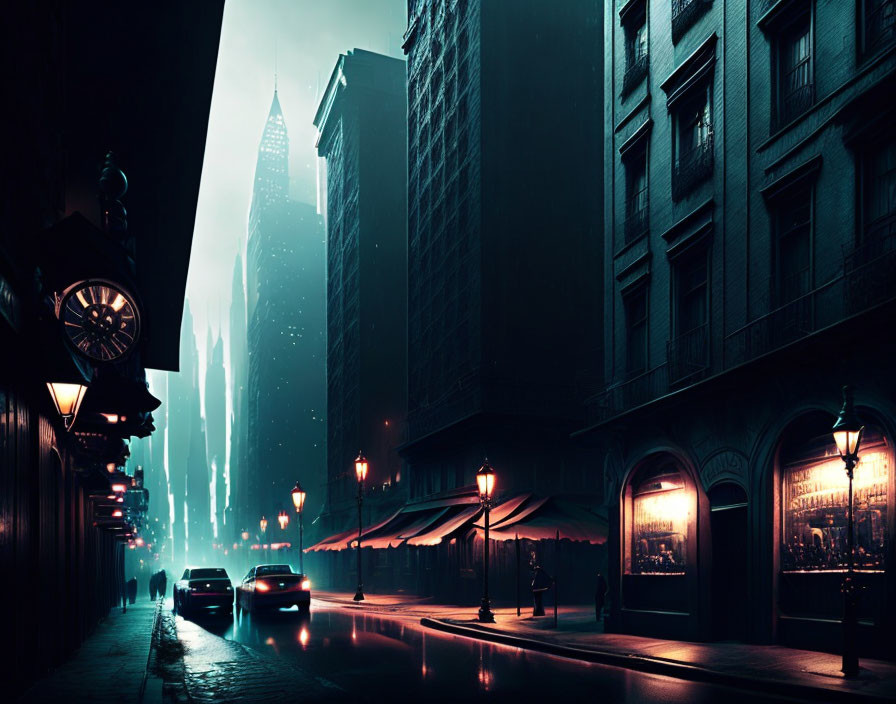 Urban night scene with illuminated buildings, vintage clock, wet street, and neon glow