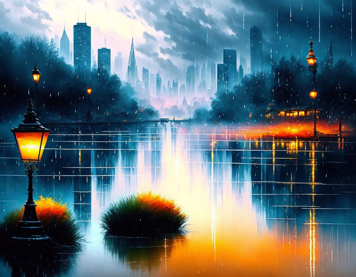 Night cityscape with illuminated streetlamps and rain reflections under a blue-toned sky