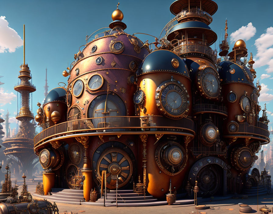 Steampunk structure with bronze spheres, pipes, and gears against blue sky