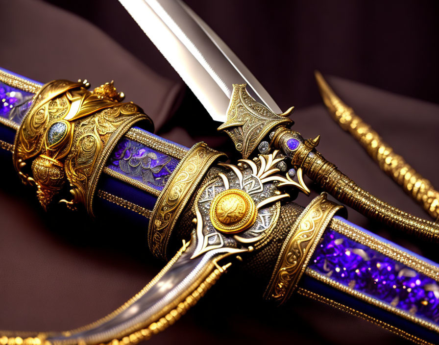 Golden ornate sword with gemstones on purple fabric with golden trim