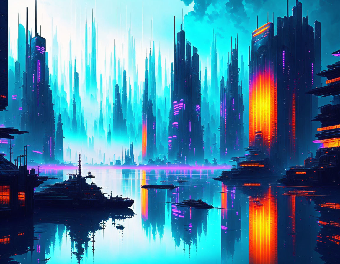 Futuristic cityscape with neon-lit skyscrapers reflected in twilight waters