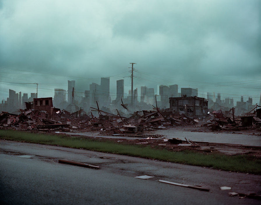 Desolate urban landscape with ruins and stormy sky