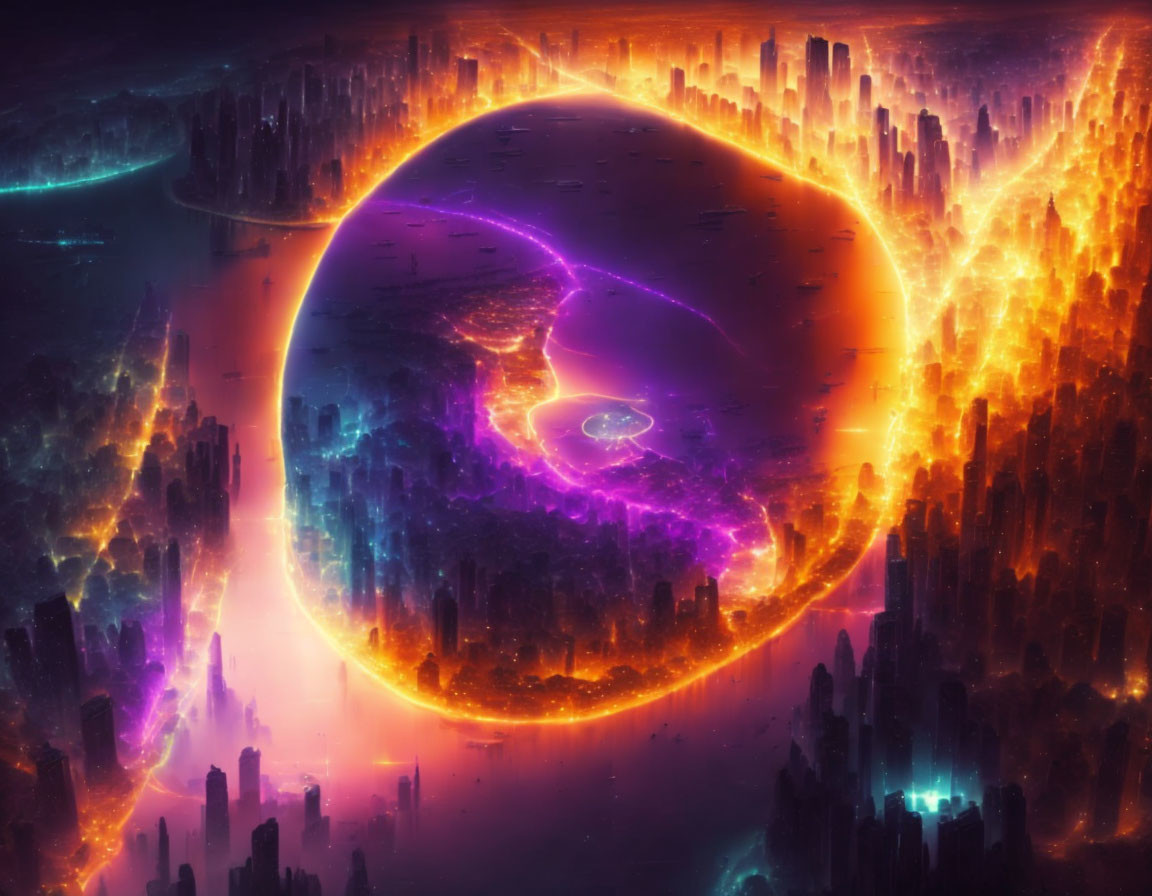 Vibrant digital artwork: surreal scene with glowing sphere, fiery structures, cosmic cityscape