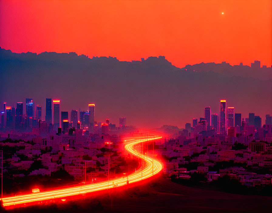 Cityscape at Dusk: Car Light Streaks, Skyscrapers, Fiery Red