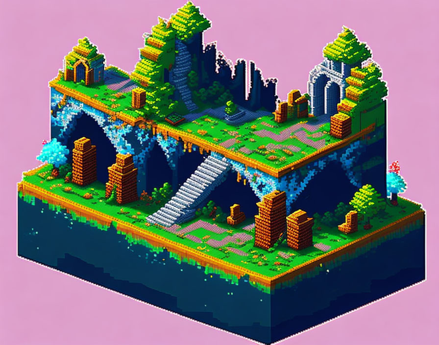 Vibrant 3D Pixel Art: Floating Island with Stairs, Trees, Waterfalls,