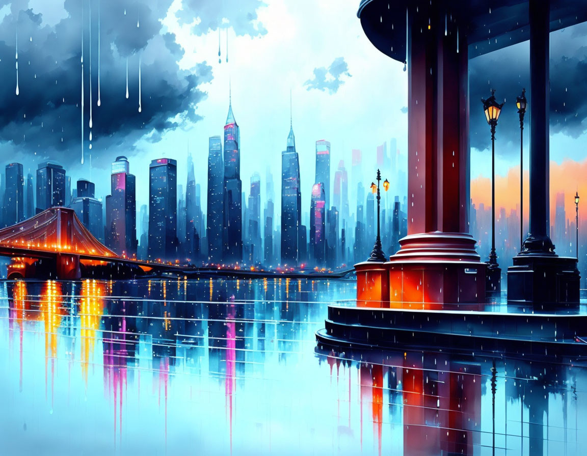 Futuristic city skyline digital artwork with rain-soaked atmosphere