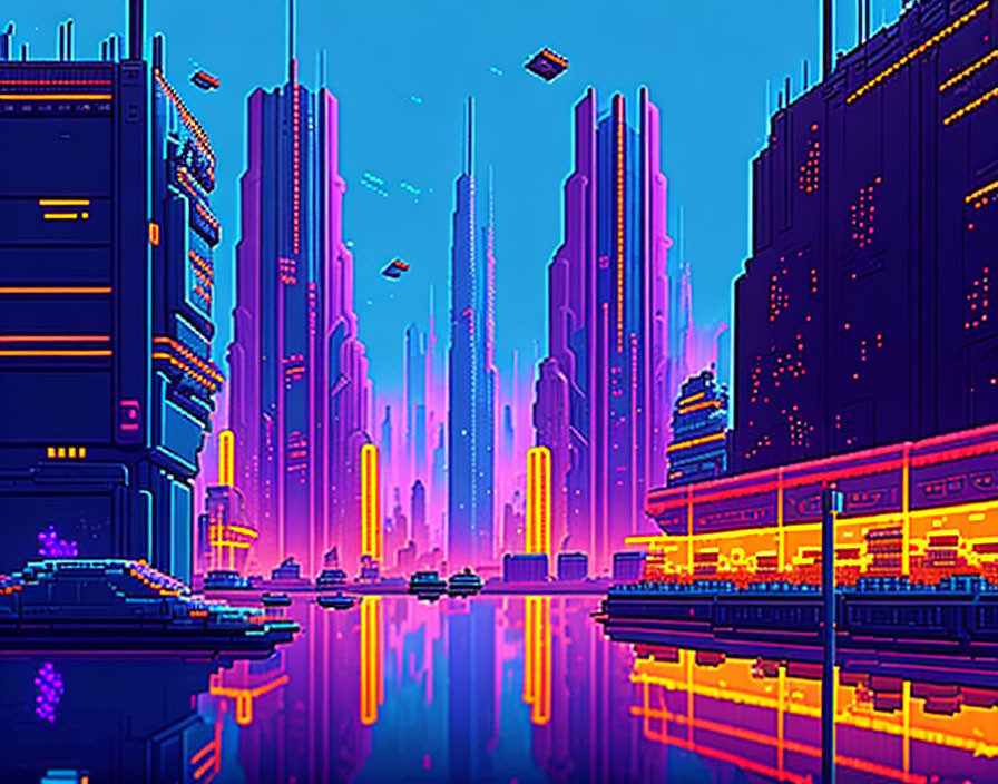 Futuristic cyberpunk cityscape with neon-lit skyscrapers and floating vehicles