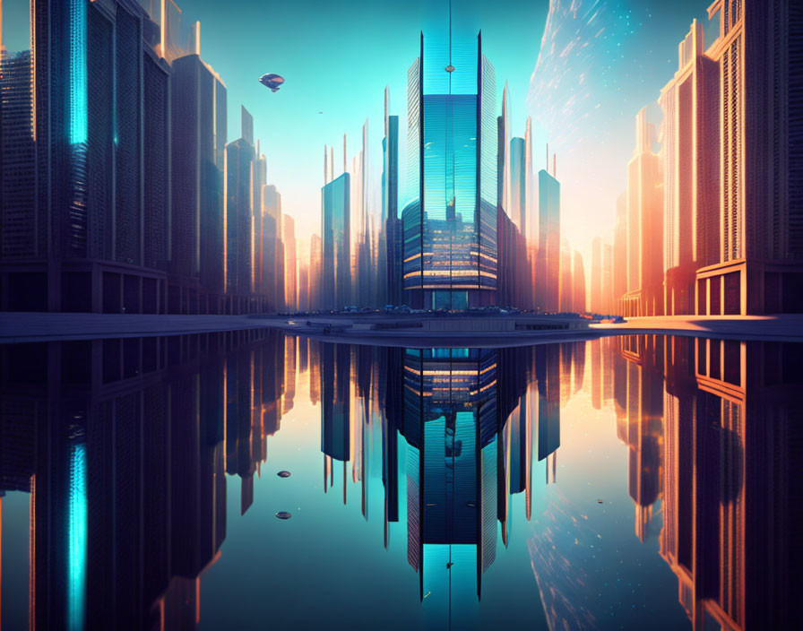 Futuristic cityscape with skyscrapers, flying vehicles, and warm sunset glow